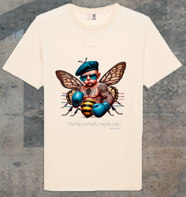 Camiseta de algodón orgánico original personalizada con un bebe boxeo mariposa abeja