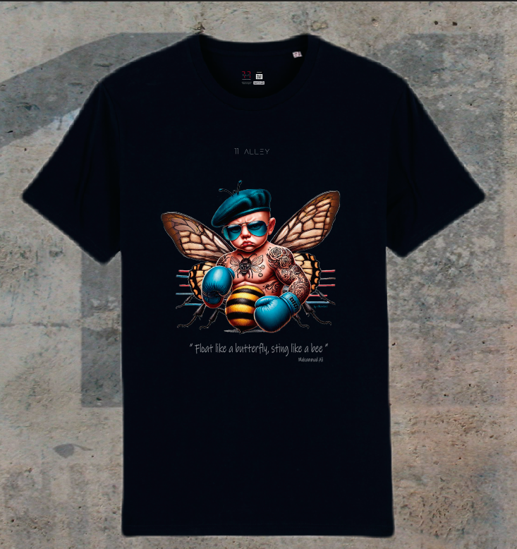 Camiseta de algodón orgánico original personalizada con un bebe boxeo mariposa abeja