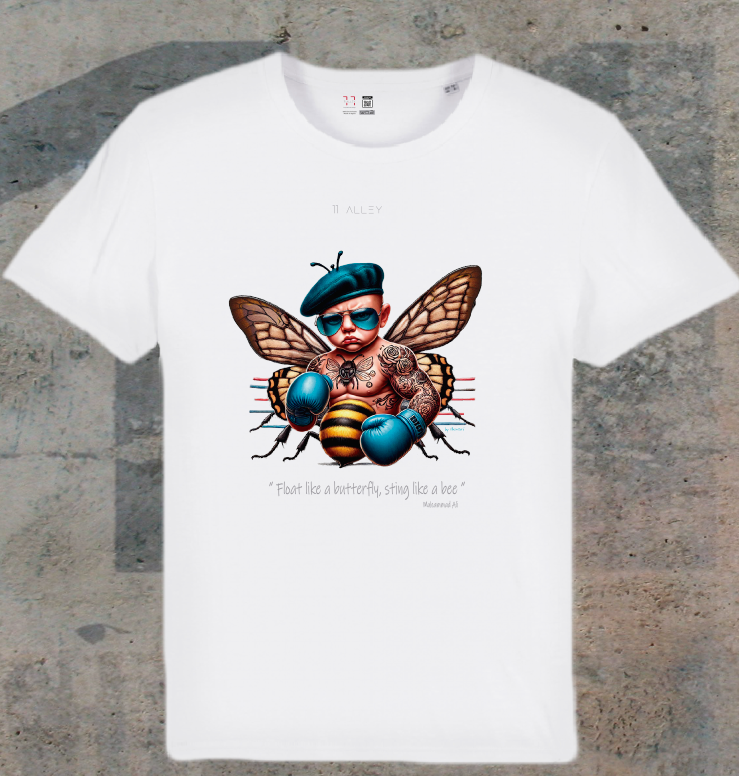 Camiseta de algodón orgánico original personalizada con un bebe boxeo mariposa abeja