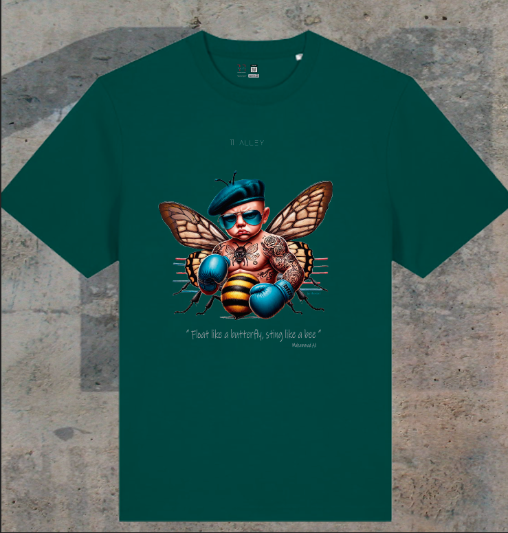 Camiseta de algodón orgánico original personalizada con un bebe boxeo mariposa abeja