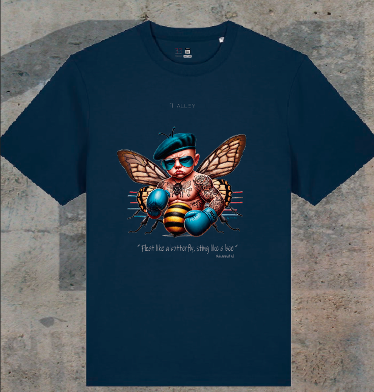 Camiseta de algodón orgánico original personalizada con un bebe boxeo mariposa abeja