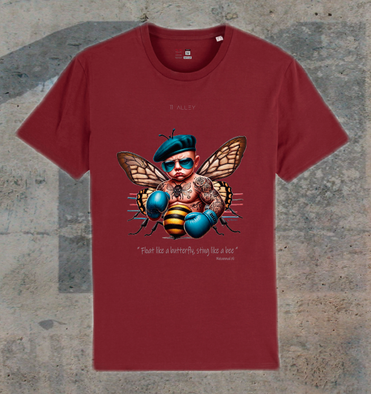 Camiseta de algodón orgánico original personalizada con un bebe boxeo mariposa abeja