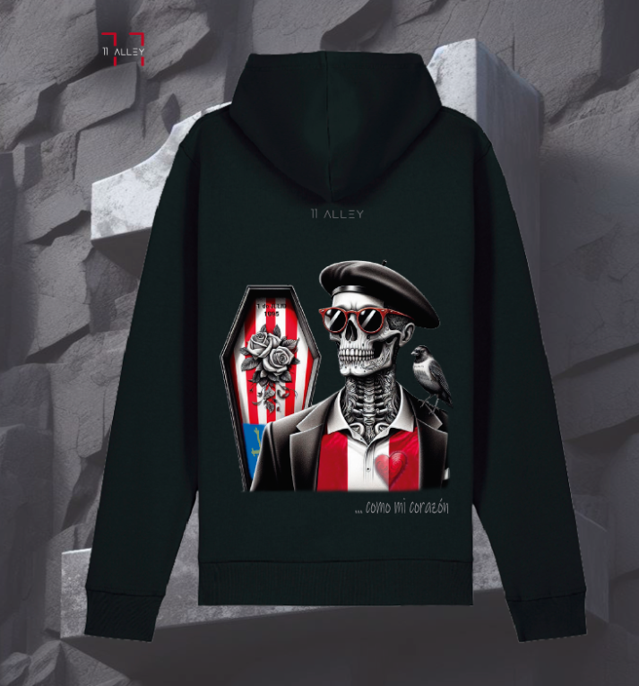 sudadera cde algodón organico con bolso frontal impresa con UN esqueleto y ataud del sporting