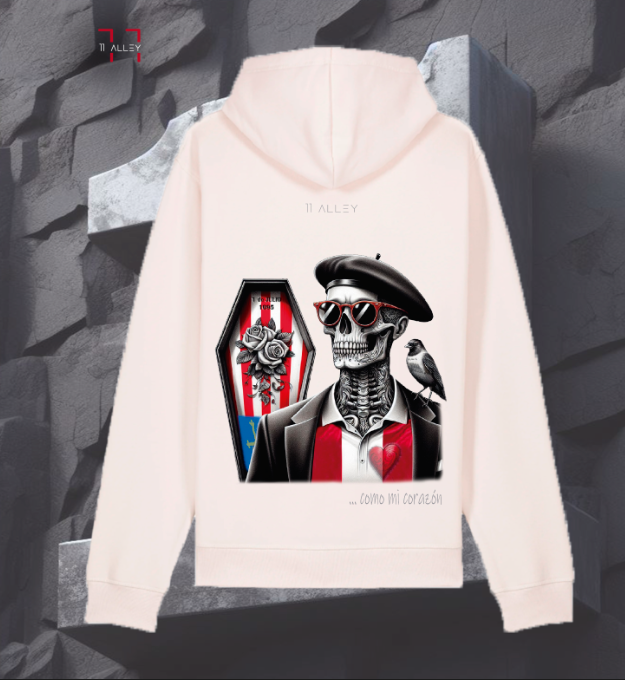 sudadera de algodón organico con bolso frontal impresa con UN esqueleto y ataud del sporting