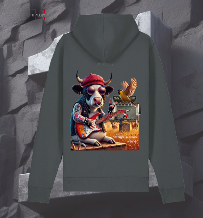 sudadera de algodón organico con bolso frontal impresa con una vaca de concierto