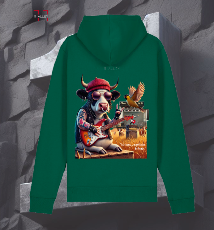 sudadera de algodón organico con bolso frontal impresa con una vaca de concierto