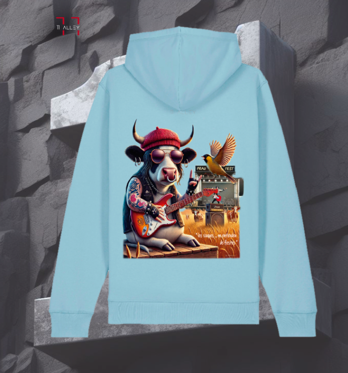 sudadera de algodón organico con bolso frontal impresa con una vaca de concierto