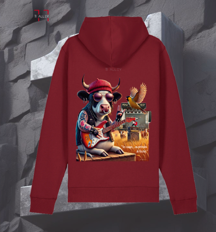 sudadera de algodón organico con bolso frontal impresa con una vaca de concierto