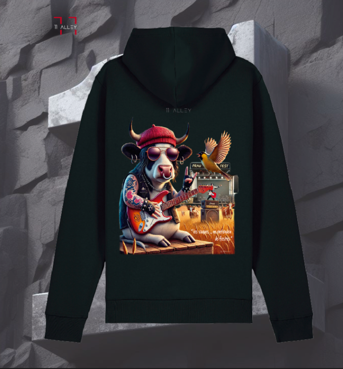sudadera de algodón organico con bolso frontal impresa con una vaca de concierto