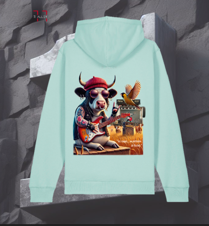 sudadera de algodón organico con bolso frontal impresa con una vaca de concierto