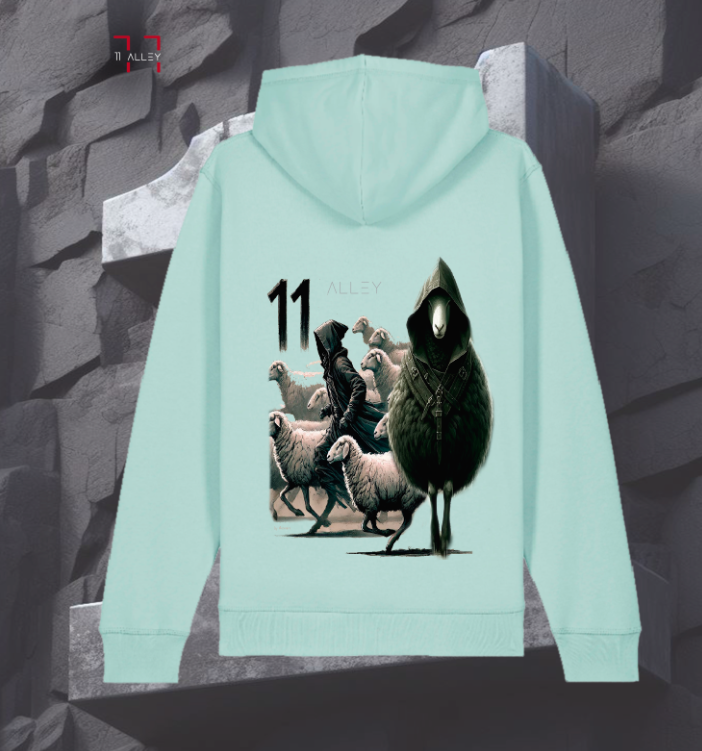 sudadera de algodón organico con bolso frontal impresa con una oveja negra encapuchada