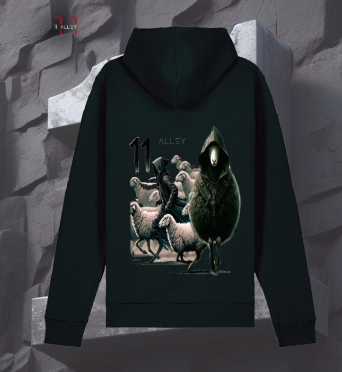 sudadera de algodón organico con bolso frontal impresa con una oveja negra encapuchada