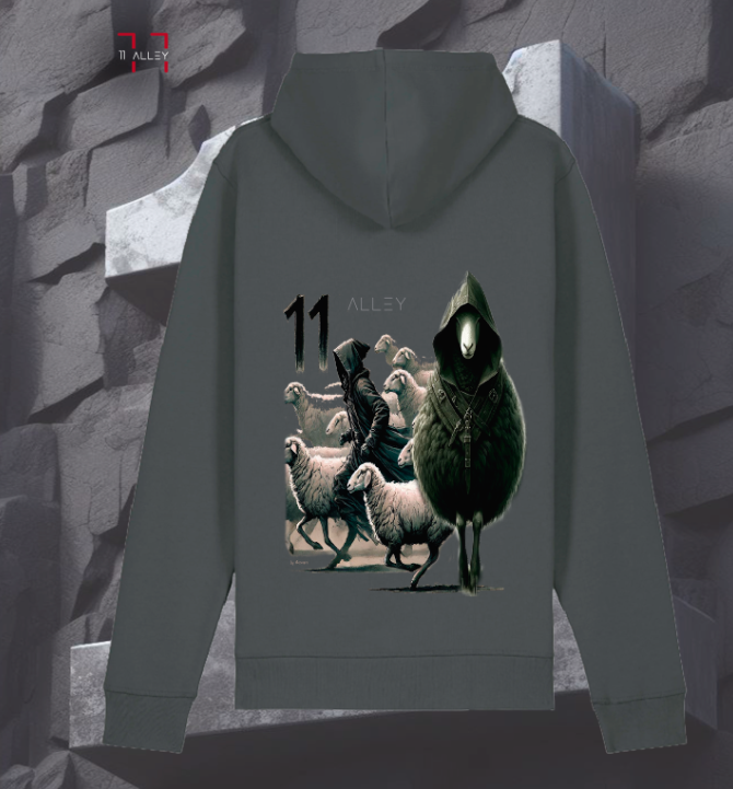 sudadera de algodón organico con bolso frontal impresa con una oveja negra encapuchada