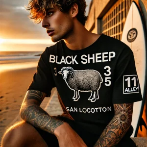 Modelo con camiseta sostenible Oveja Negra de algodón orgánico 11Alley en playa de Gijón, moda urbana sostenible 2025