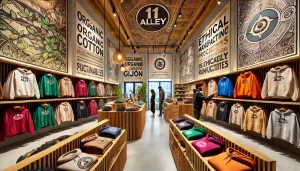Interior tienda 11Alley Gijón mostrando colección de sudaderas sostenibles de algodón orgánico fabricadas en Asturias