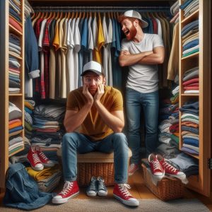 chicos aburridos con armario de ropa antigua y aburrida