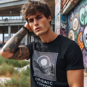 Modelo luciendo camiseta de algodón orgánico ciclo cerrado de diseño exclusivo 11alley, fabricada sosteniblemente en Asturias