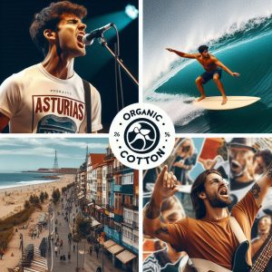 Personas con camisetas algodón orgánico Asturias de 11alley en diferentes contextos: concierto, playa y ciudad, mostrando versatilidad y estilo sostenible