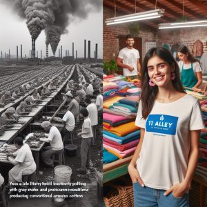 Comparativa visual entre producción contaminante de fast fashion y fabricación sostenible de camisetas algodón orgánico Asturias en 11alley