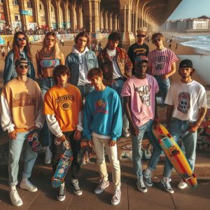 Grupo diverso luciendo sudaderas y camisetas orgánicas de diseño exclusivo 11Alley en Gijón, combinando estilo urbano y surfero