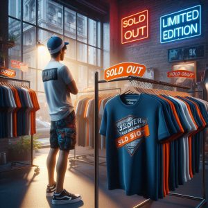 Tienda casi vacía con carteles de 'agotado' para camisetas edición limitada, mostrando la falsa escasez en ropa sostenible - 11Alley.com